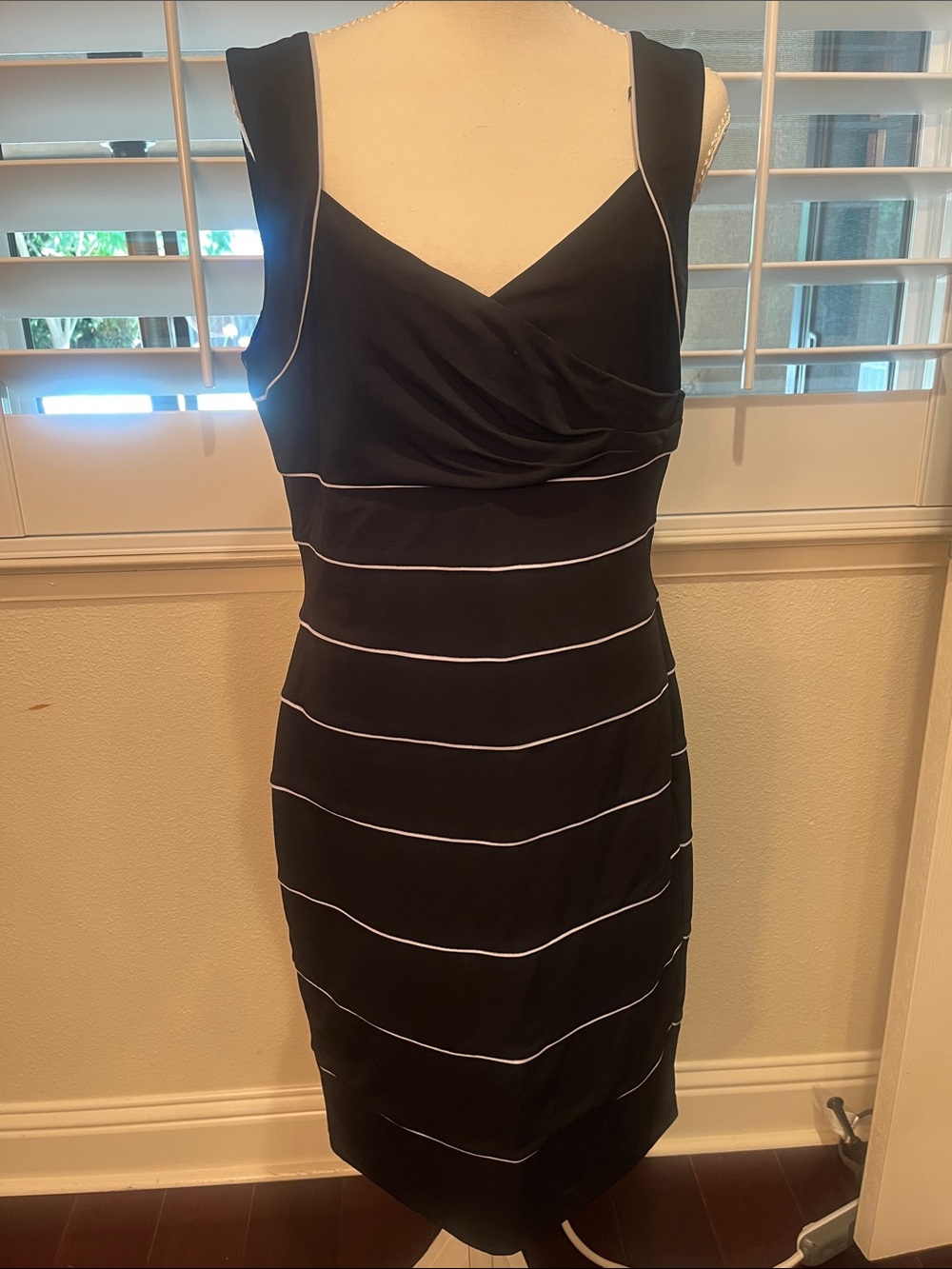 White House Black Market Black Midi Dress with White Piping